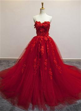 Picture of Red Color Sweetheart Tulle with Applique Party Dresses , Tulle Formal Gowns